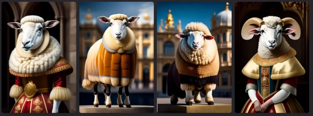 Portait of a sheep in baroque armor in front of woollen palace lexica